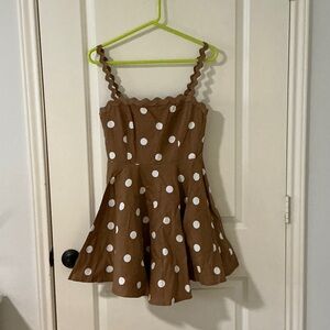Polka Dot Brown Midi Dress with Scalloped Straps